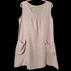 JS Millenium Womens Pink Linen Boho Beachy Lagenlook Shift Dress Pockets Medium